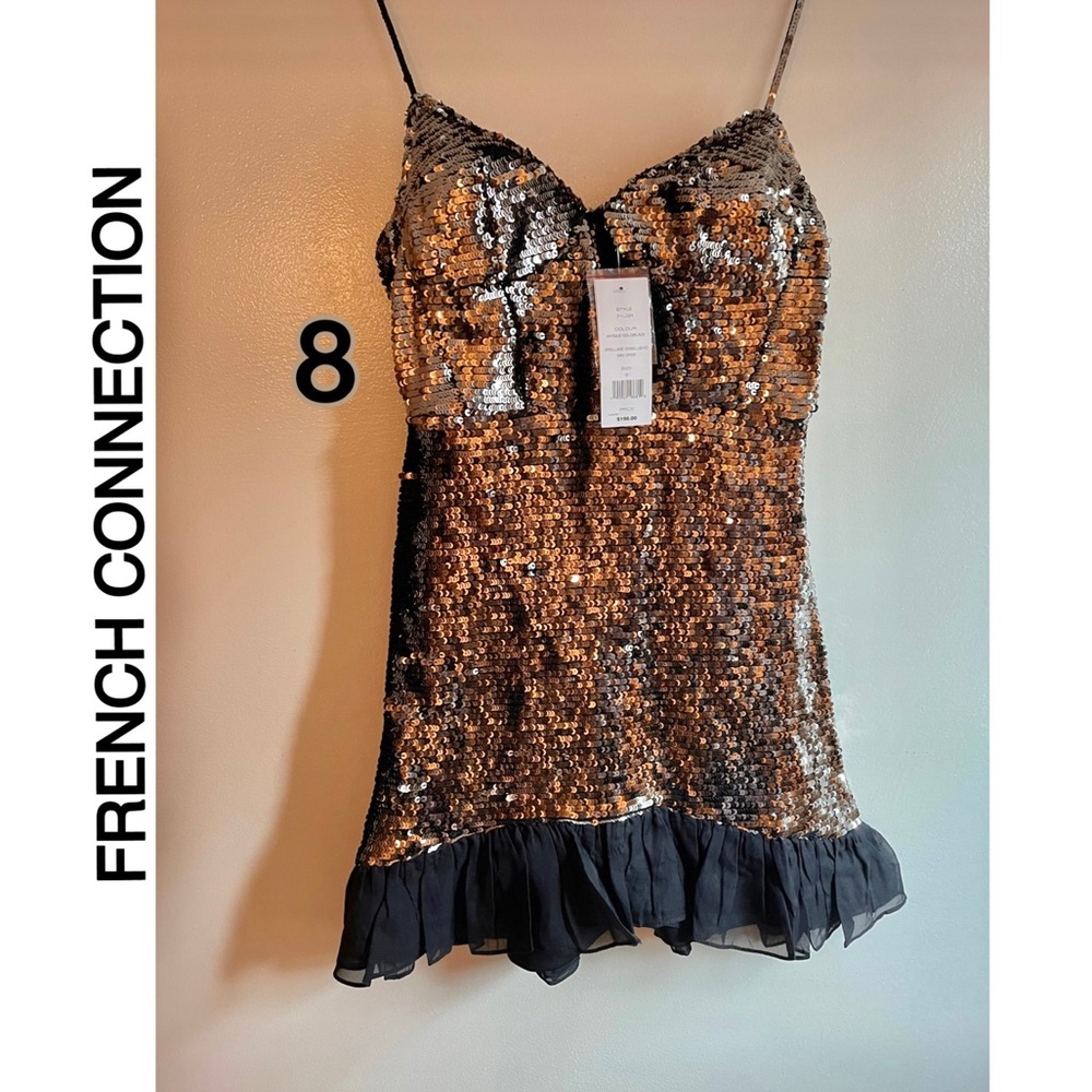 NWT French Connection metallic antique gold tint black sequin mini dress